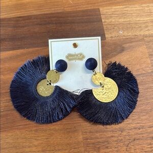 NWT Mud Pie Navy and Gold Hammered Tassel Earrings Fringe Half Circle Boho Funky